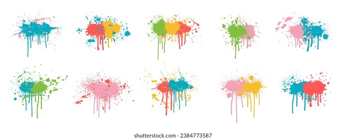 Color splashes with drips and drops, set.  Vector illustration