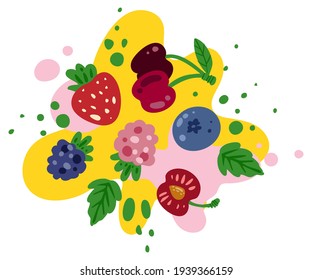 Color splashing burst of berries, cartoon style, vector