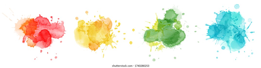 Color splashing hand drawn watercolor colorful set. Stain artistic vector used as being an element in the decorative design of background, brochure, poster, card, cover, banner.