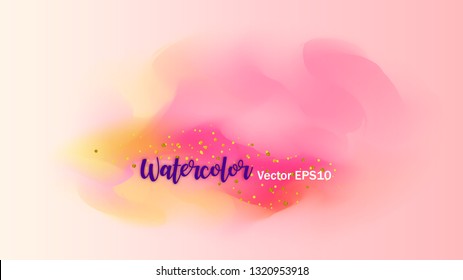 The color splashing in the paper. Watercolor brush strokes with gold glitter isolated on white. Creative illustration. Artistic color palette. Fashion background. Fluid Gradient Cover. Colorful Pastel