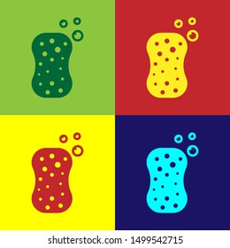 Color Sponge with bubbles icon isolated on color background. Wisp of bast for washing dishes. Cleaning service logo.  Vector Illustration