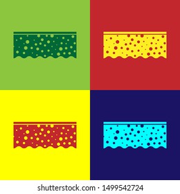 Color Sponge with bubbles icon isolated on color background. Wisp of bast for washing dishes. Cleaning service logo.  Vector Illustration