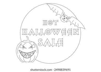 Color a spooky Halloween scene with a grinning pumpkin and flying bat. Perfect for creative holiday fun and decoration.