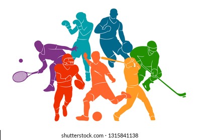 Color sport background. Football, basketball, hockey, box, 
baseball, tennis. Vector illustration colorful silhouettes athletes