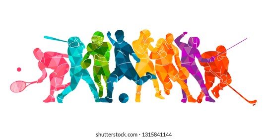 Color sport background. Football, basketball, hockey, box, 
baseball, tennis. Vector illustration colorful silhouettes athletes