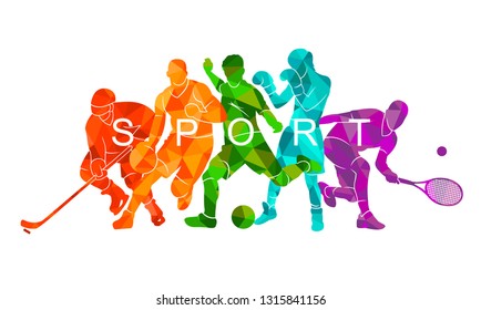 Color sport background. Football, basketball, hockey, box, 
baseball, tennis. Vector illustration colorful silhouettes athletes