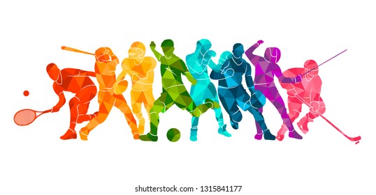 Color sport background. Football, basketball, hockey, box, 
baseball, tennis. Vector illustration colorful silhouettes athletes