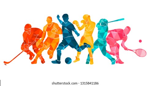 Color sport background. Football, basketball, hockey, box, 
baseball, tennis. Vector illustration colorful silhouettes athletes