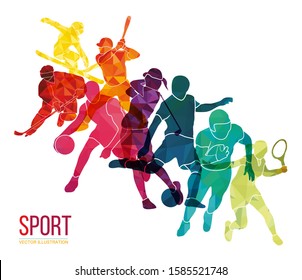 Color sport background. Football, basketball, hockey, box, golf, tennis. Vector illustration