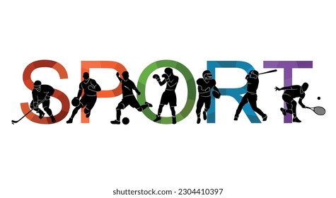 Farbsporthintergrund. Fußball, Basketball, Hockey, Box, 
Baseball, Tennis. Vektorgrafik bunter Silhouettensportler