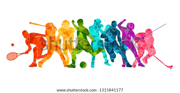 カラースポーツの背景 サッカー バスケットボール ホッケー 箱 野球 テニス ベクターイラストのカラフルなシルエット選手 のベクター画像素材 ロイヤリティフリー