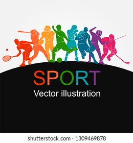 Color sport background. Football, soccer, basketball, hockey, box, tennis, baseball. Vector illustration colorful people silhouettes