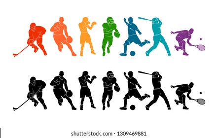 Color sport background. Football, soccer, basketball, hockey, box, tennis, baseball. Vector illustration colorful people silhouettes