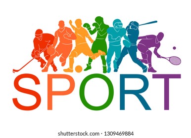 Color sport background. Football, soccer, basketball, hockey, box, tennis, baseball. Vector illustration colorful people silhouettes