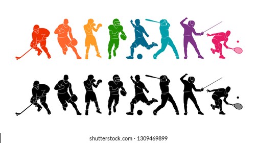 Color sport background. Football, soccer, basketball, hockey, box, tennis, baseball. Vector illustration colorful people silhouettes