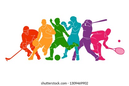 Color sport background. Football, soccer, basketball, hockey, box, tennis, baseball. Vector illustration colorful people silhouettes - Shutterstock ID 1309469902