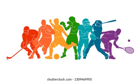 Color sport background. Football, soccer, basketball, hockey, box, tennis, baseball. Vector illustration colorful people silhouettes - Shutterstock ID 1309469905