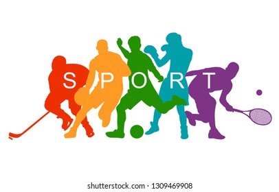 Color sport background. Football, soccer, basketball, hockey, box, tennis, baseball. Vector illustration colorful people silhouettes