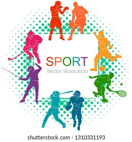 Color sport background. Football, soccer, basketball, hockey, box, tennis, baseball. Vector illustration colorful people silhouettes