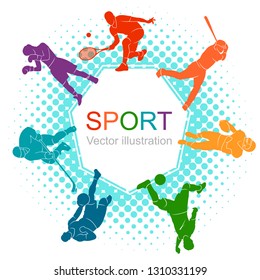 Color sport background. Football, soccer, basketball, hockey, box, tennis, baseball. Vector illustration colorful people silhouettes