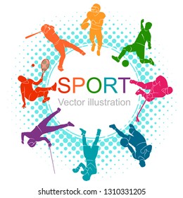 Color sport background. Football, soccer, basketball, hockey, box, tennis, baseball. Vector illustration colorful people silhouettes