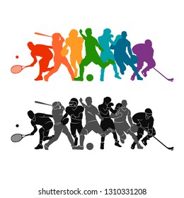 Color sport background. Football, soccer, basketball, hockey, box, tennis, baseball. Vector illustration colorful people silhouettes