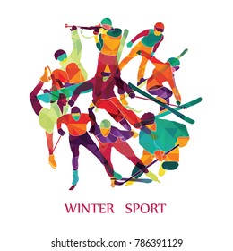 Color sport background. Winter olympic games. Hockey, biathlon, snowboarding, skating, ice skiing, Figure, freestyle. Vector illustration
