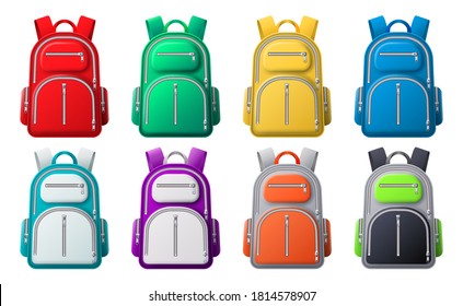 Color sport backpack mockup. Different colored backpacks, bags for travel, sport or school clothes and shoes, realistic 3d vector set. Backpack and bag, colored rucksack collection