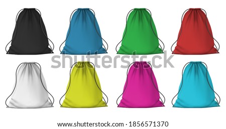 Color sport backpack mockup. Realistic cloth packs with ropes for clothes. Fabric red, blue, pink and green drawstring bags, 3D vector set. Illustration pouch luggage, haversack mock-up