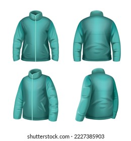 Color sport winter jacket with zip mockup realistic set isolated vector illustration