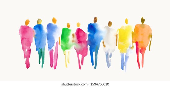 Color spot with watercolors in the form of a group of people. Vector watercolor hand painted silhouette of man and woman