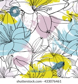 Color spots summer vector seamless pattern with lily