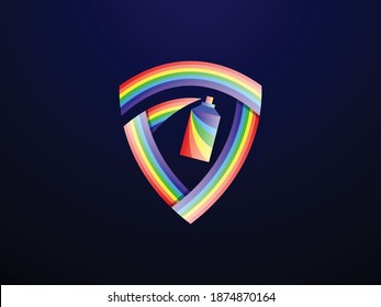 Color spray paint can in rainbow shield style, spray painting rainbow colors vector, Vector Logo Illustration Can Spray Gradient rainbow Style.