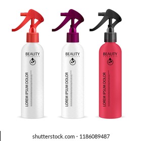Color sprayer cosmetics bottle set with dispenser spray cap. Isolated container design with pump for liquid, water, oil, tonic and other cosmetic products. Vector mockup illustration.