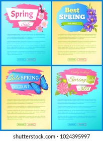 Color spring sale posters set discounts butterflies and springtime flowers, vector illustration promo stickers, web posters buttons read more buy now