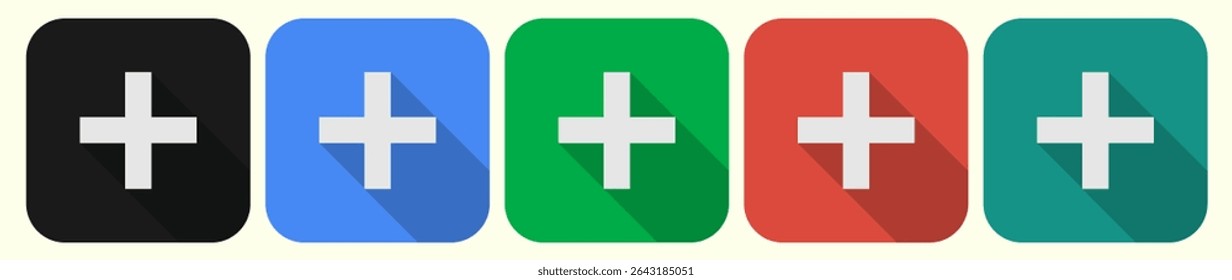 Botões de adição de quadrado colorido. Adicionar ícones. Adicionar conjunto de botões