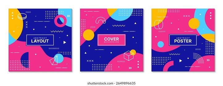 Coberturas quadradas coloridas com padrão abstrato de Memphis de formas geométricas, fundos vetoriais. Layouts de cobertura abstratos Y2K modernos ou retrô com padrão Memphis de figuras geométricas mínimas e linhas simples