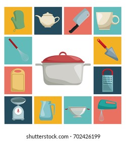 color square icons with different utensil of kitchen inside and pot in center closeup