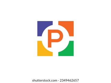 Diseño del logotipo cuadrado de color. Logo de 4 letras de color. vector de símbolo de rueda de color. Logo de letras icónicas. Monograma vector editable