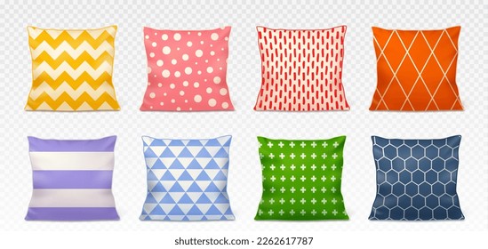 Color square pillows realistic vector illustration. Cotton decorative cushion with pattern rhombuses and triangles, dots and zigzag, striped pad front view, set isolated on transparent background