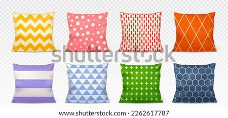 Color square pillows realistic vector illustration. Cotton decorative cushion with pattern rhombuses and triangles, dots and zigzag, striped pad front view, set isolated on transparent background