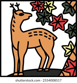 Color square simple hanafuda Kannazuki autumn leaves deer October autumn leaves deer