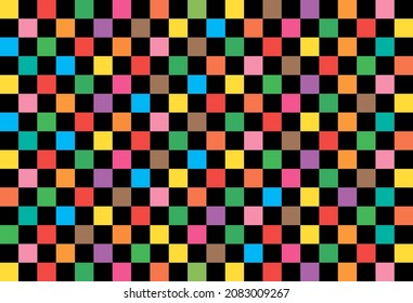 Color squares background. Abstract mosaic of colorful chess. Background with colors bricks. Art of colorgraphic texture. Creative geometric wallpaper with pixels. Vector.