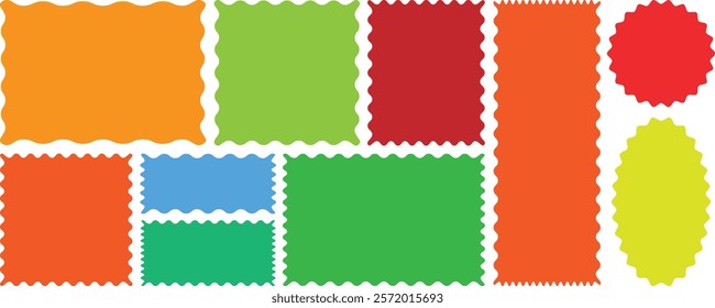 Color squiggle frames. Rectangle, square and oval shape frame with zigzag edge. Set of Zigzag and colorful Shape. Zig Zag Shapes for Stickers, banners. Colorful zigzag shapes. Zig zag colorful frame