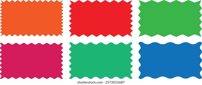 Color squiggle frames set. Rectangle, square and oval shape frame with zigzag edge. Set of Zigzag and colorful Shape. Zig Zag Shapes for Stickers, banners. Zig zag colorful frame. Set of wavy edge