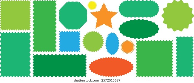 Color squiggle frames set. Rectangle, square and oval shape frame with zigzag edge. Set of Zigzag and colorful Shape. Zig Zag Shapes for Stickers, banner. Colorful zigzag shape. Set of wavy edge frame