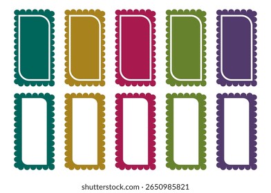 Conjunto de quadros de oscilação de cor. Conjunto vetorial de retângulos que confundem quadros de fotos com bordas onduladas. Ziguezague colorido ondulado bordas, retangular, quadros de foto, caixas de texto, tags, rótulos.