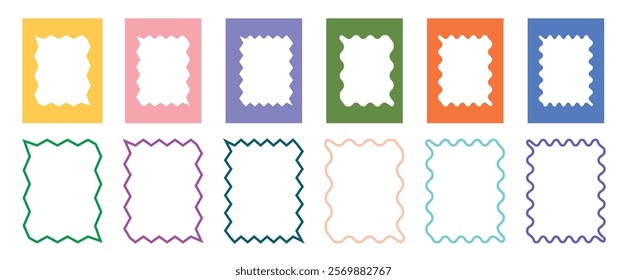 Color squiggle frames set. Wiggly rectangular shapes collection. Abstract border box for text or images. Geometric form for social media