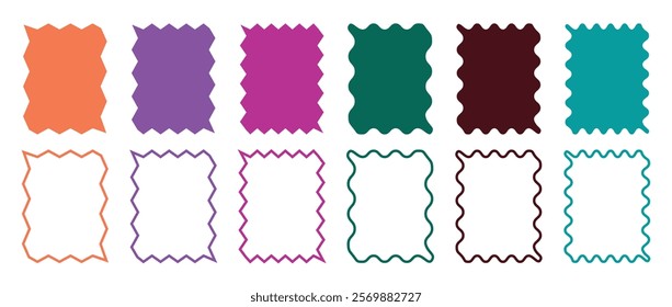 Color squiggle frames set. Zig zag Wavy Edge Rectangle Shapes Set. Vector Jagged Geometric Rectangular. Abstract Elements for Template, Stickers, Promo Design, Web Design and Social Media.