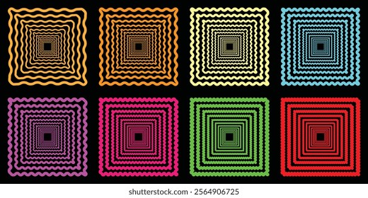 Color squiggle frames set. Zigzag wavy edges, retro frames, psychedelic rectangles, photo frames, mirror border. Vector groovy shapes set of wave borders, Ellipse shape design. 